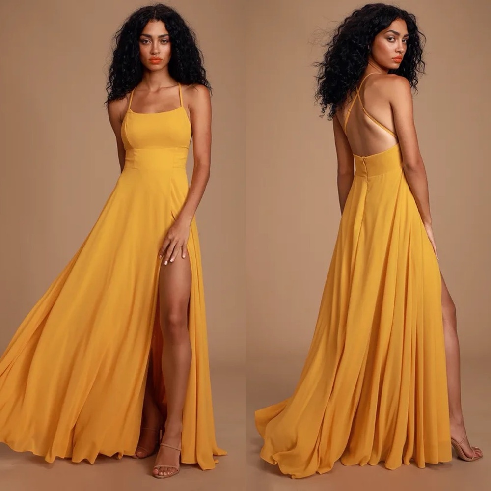 NWT Lulu's Dreamy Romance Mustard Yellow Backless Maxi Dress with Slit